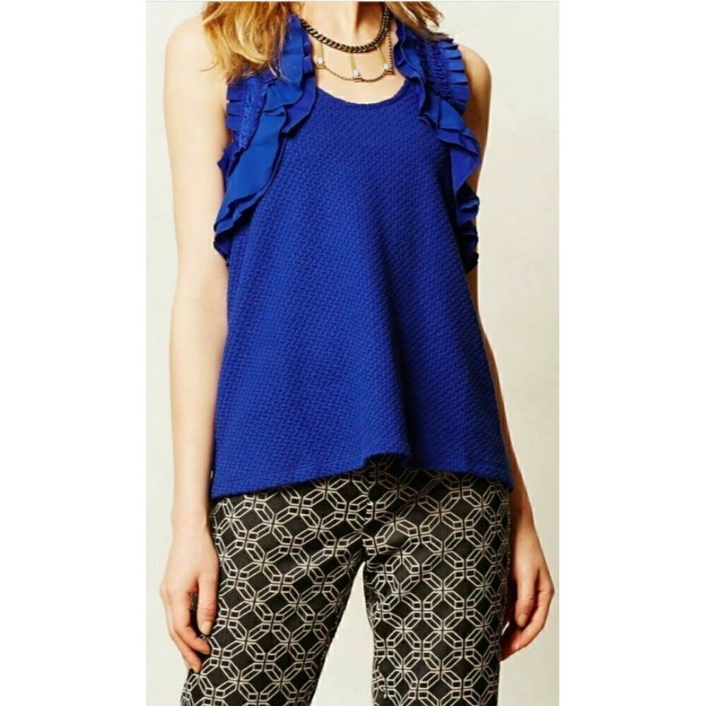 Anthropologie Deletta Womens Small Blue Clemente Knit Ruffle Top Cottagecore